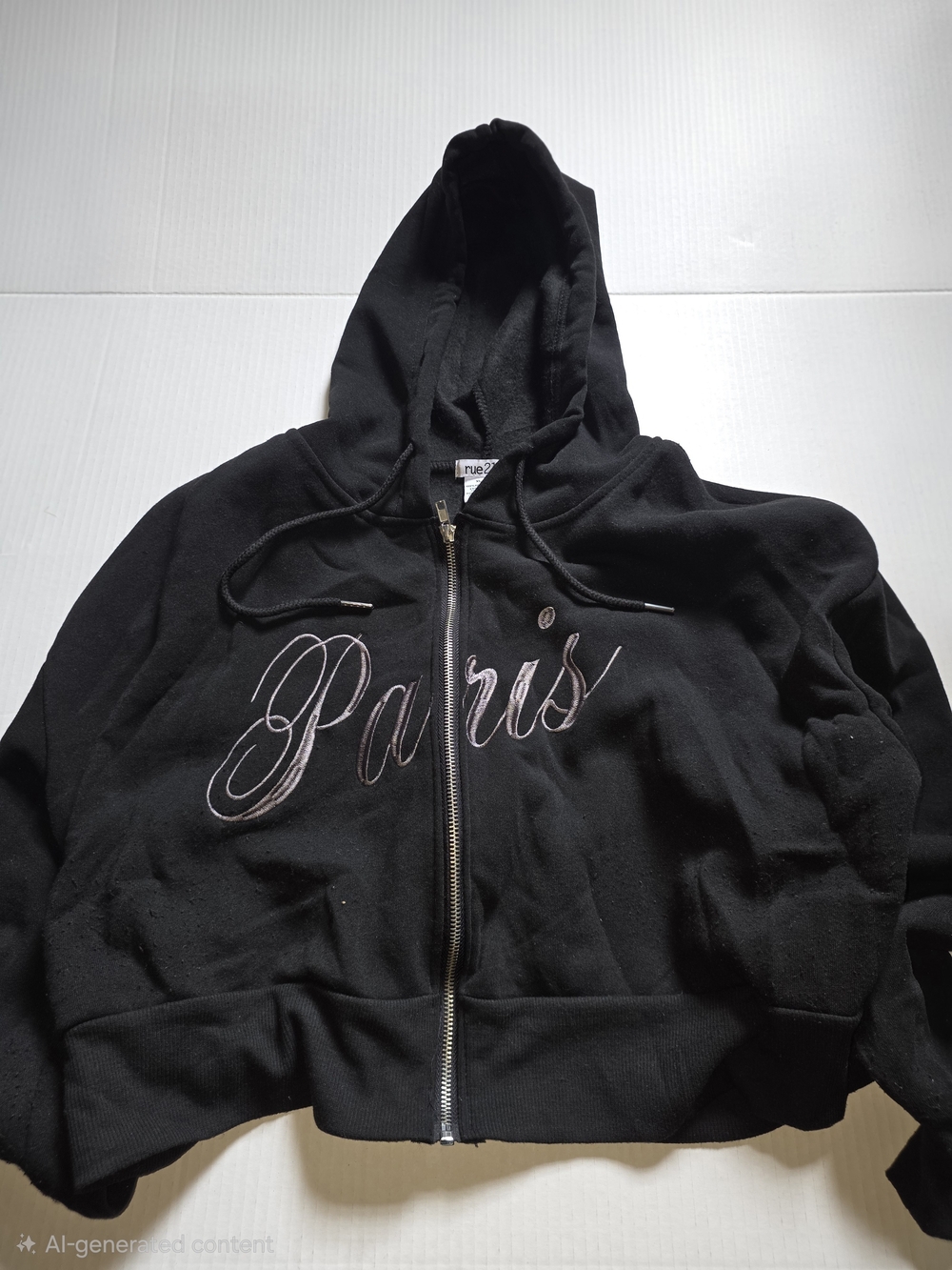 Rue21 Paris Embroidered Black Zip-Up Hoodie